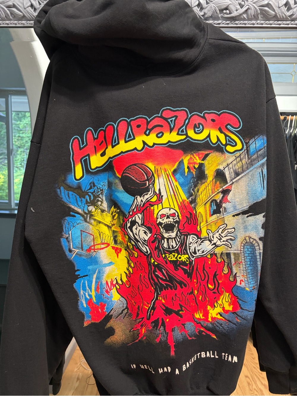 Hell Razors Black Graphic Hoodie Jacket - Skull Basketball Design
